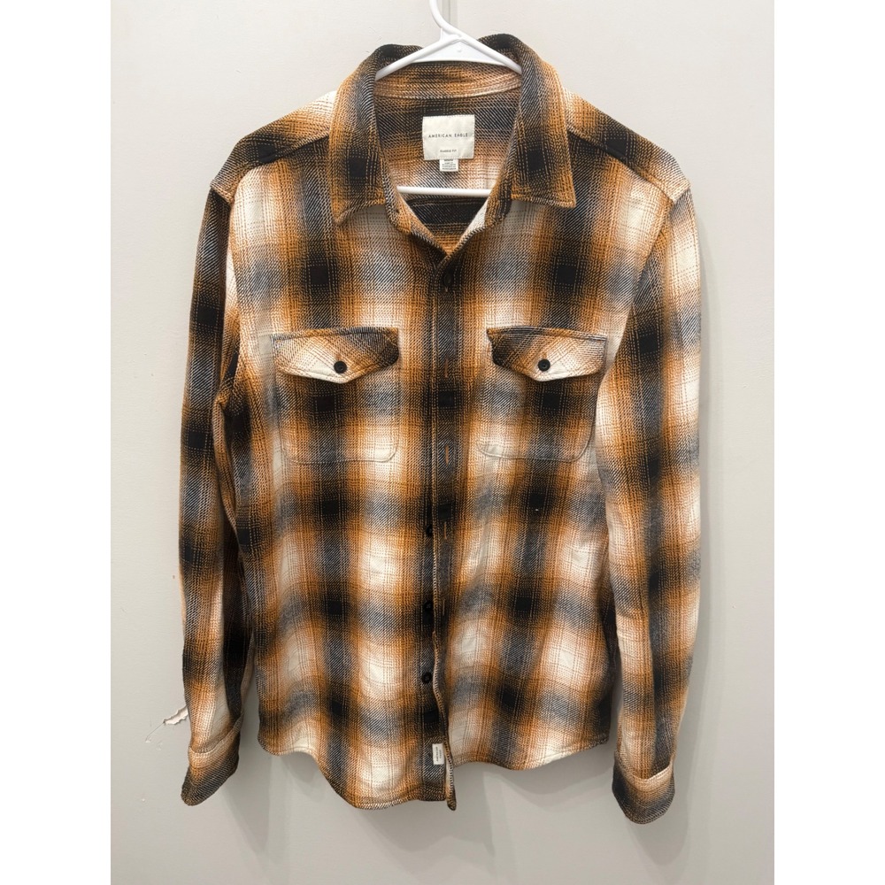 American Eagle Heavyweight Shacket Plaid Workshirt Jacket Mens M Orange Black